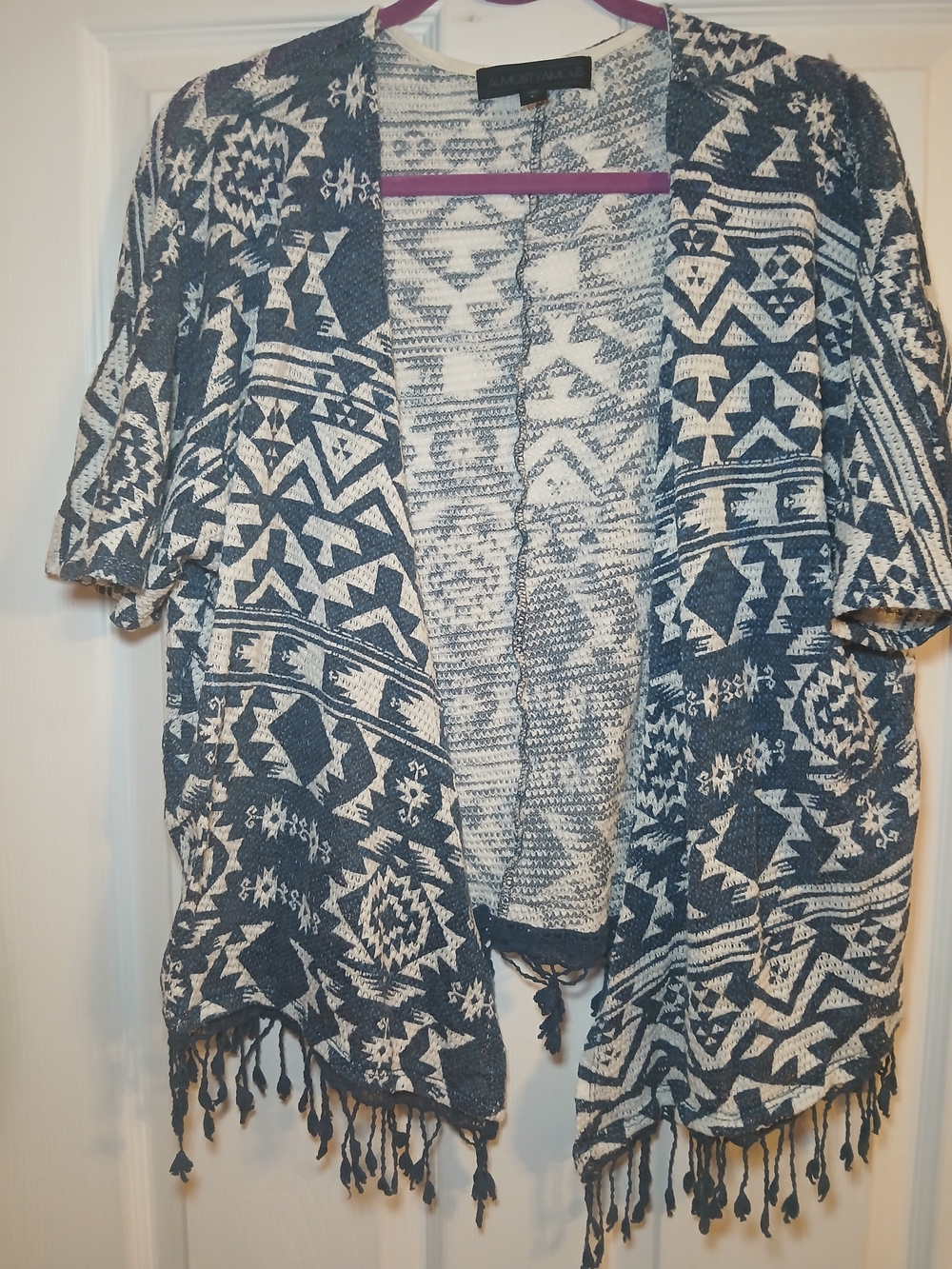 Almost Famous Blue & White Aztec Open-Front Fringe Cardigan